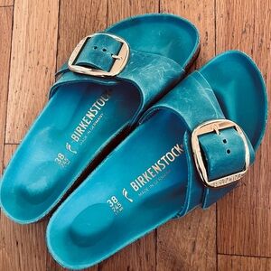 Birkenstock Teal Slide Sandals with Gold Buckles Never Worn!